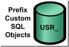 Prefix Custom SQL Objects. For customizations, it is important that tables, stored procedures, user defined functions, and views start with “USR_’. Prefixing database objects with USR_ is a key to avoid potential naming collisions with future features delivered as part of the product.