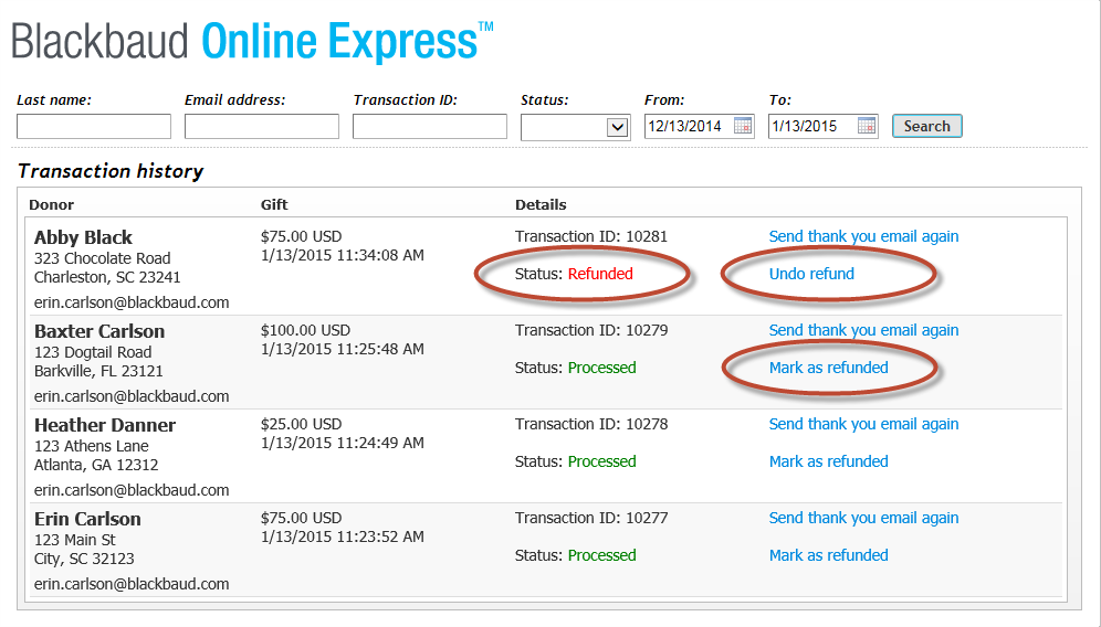 Refund status - donation dashboard