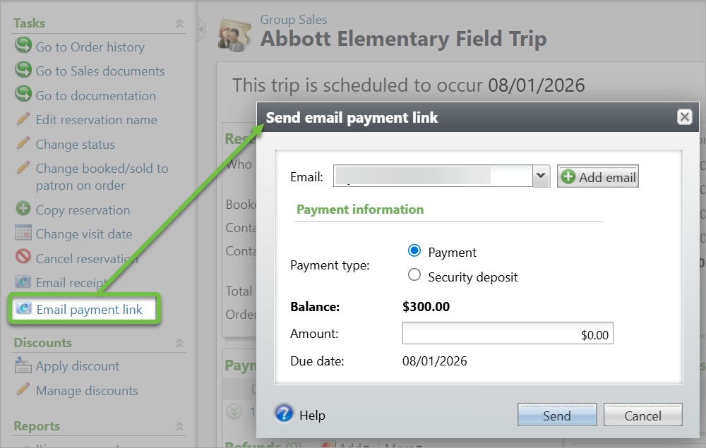 A group sales reservation record showing the option to email a payment link.