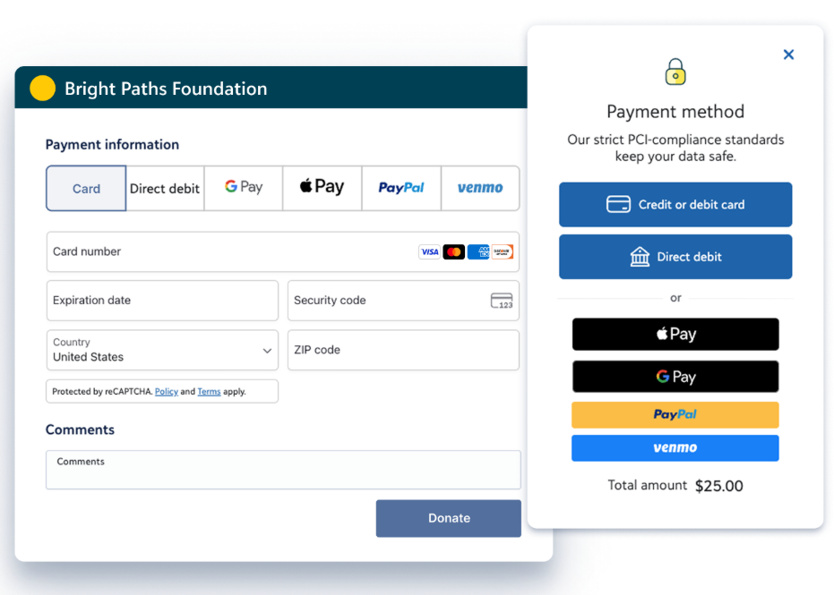 Donation checkout page showing payment options including card, direct debit, Apple Pay, Google Pay, PayPal, and Venmo