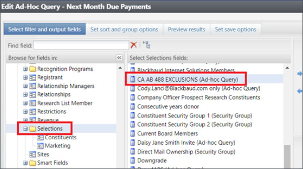 image shows Selections node of Ad Hoc Query 