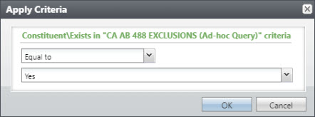 image shows Apply Criteria for Constituent/exists in selection