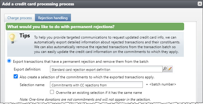 Image shows the What would you like to do with permanent rejections? part of the  Rejection Handling tab. 