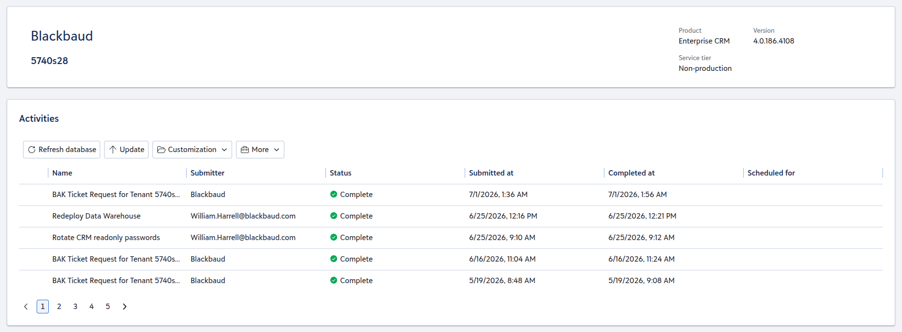 Blackbaud CRM Cloud Portal main screen with environment details and an Activities list.