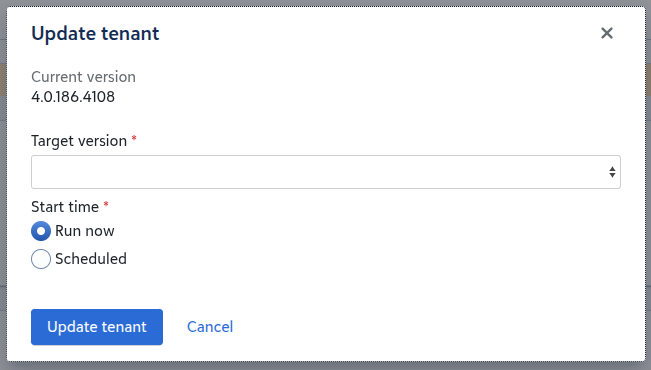 Update tenant screen. Select Target version and Start Time. 