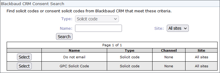 General Privacy Control Solicit Code Mapping is now in Sites & Settings, Parent Site, Settings Tab, General Settings. It enables you to search for and select the Solicit Code (using Blackbaud CRM Consent Search).