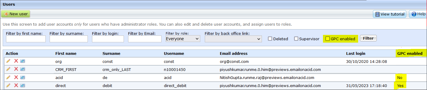 Column called GPC Enabled appears at the far right of the Users grid. Above the grid, near the far right, select the checkbox to filter the grid results to only show users who have GPC enabled.