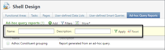 Filter by Name and Description in the Ad-Hoc Query Reports tab. 