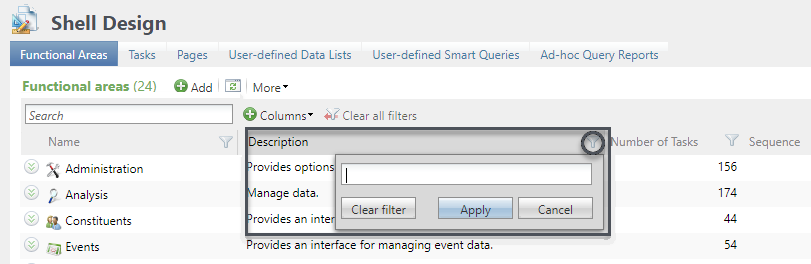 Filter by column in the Fuctional Area tab. 