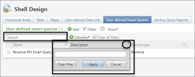 Filter by column in the User-Defined Smart Queries tab. 