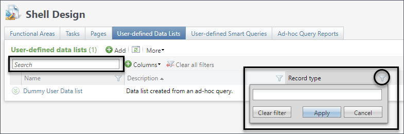 Filter by column in the User-Defined Data Lists tab. 