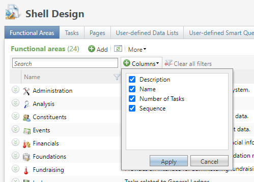 Select which Columns of data to show in the Funcitonal Area tab. 