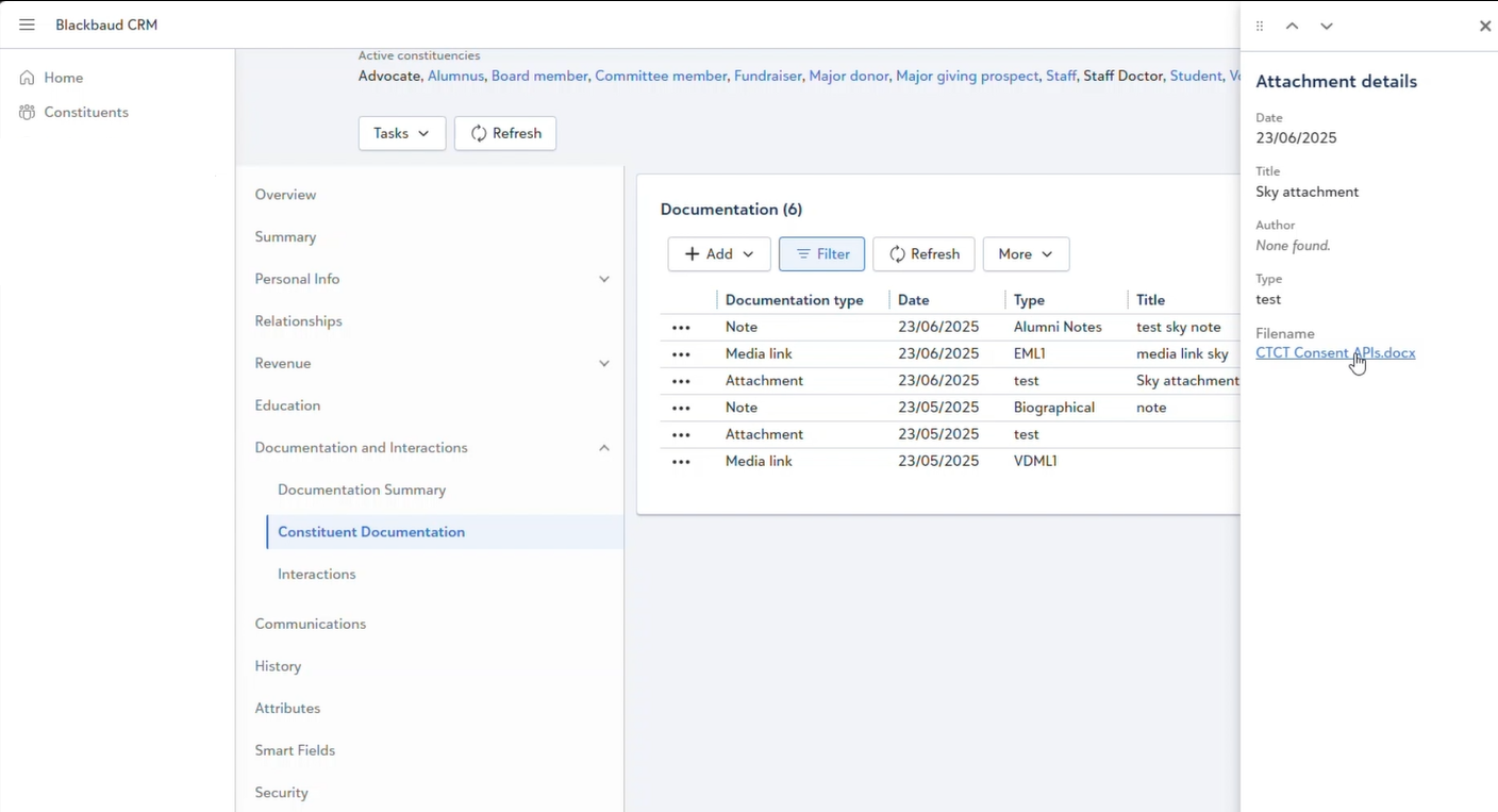 details for an attachment as documentation on constituent profile record