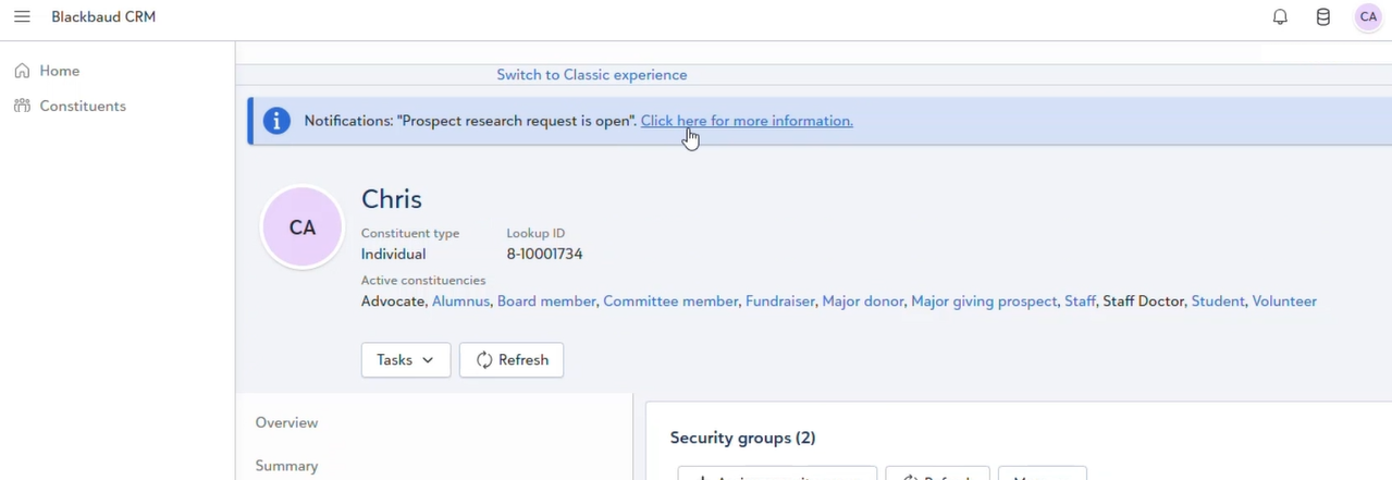 notification on a constituent profile record