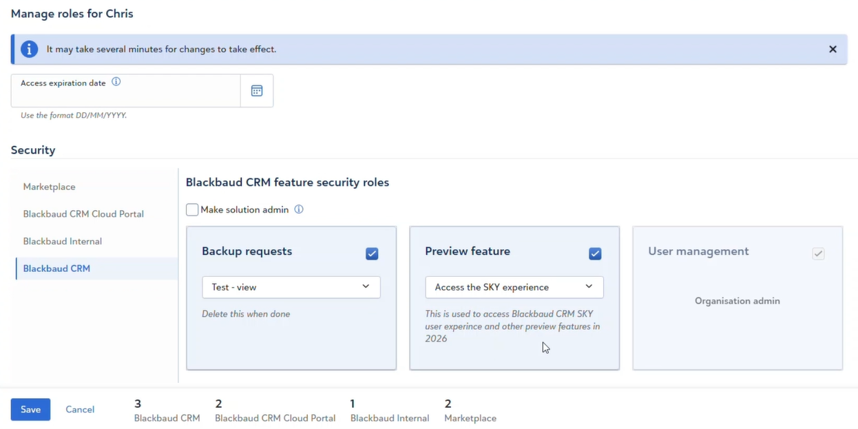 Select the preview feature role for a user