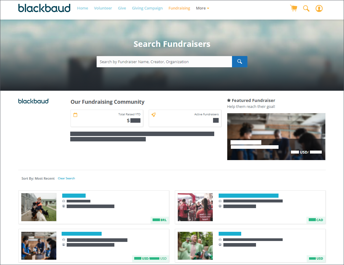 Explore Fundraisers displays community metrics, recent fundraisers, and a featured fundraiser.