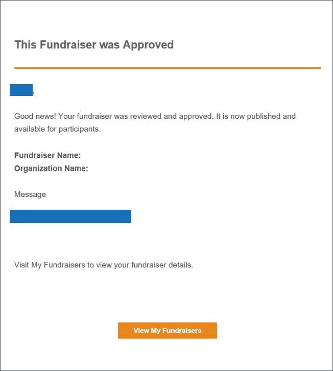 Example of the Fundraiser Approved (P2P003) email