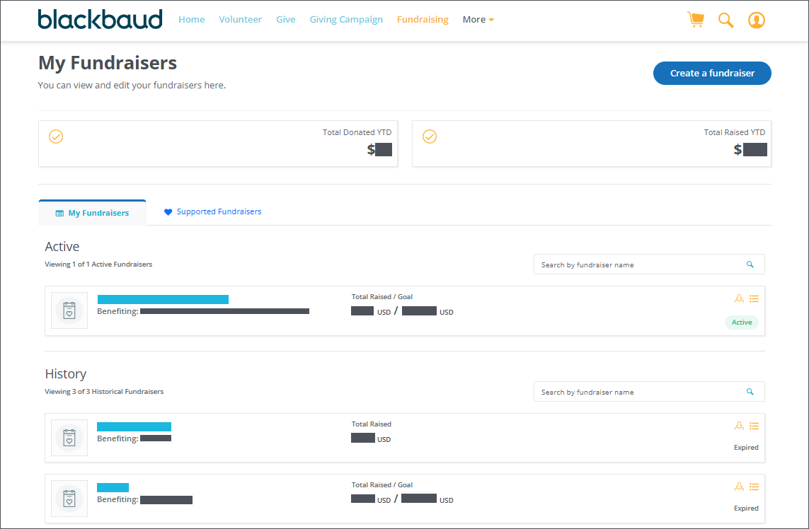 My Fundraisers displays impact metrics, with active fundraisers and fundraiser history listed below.