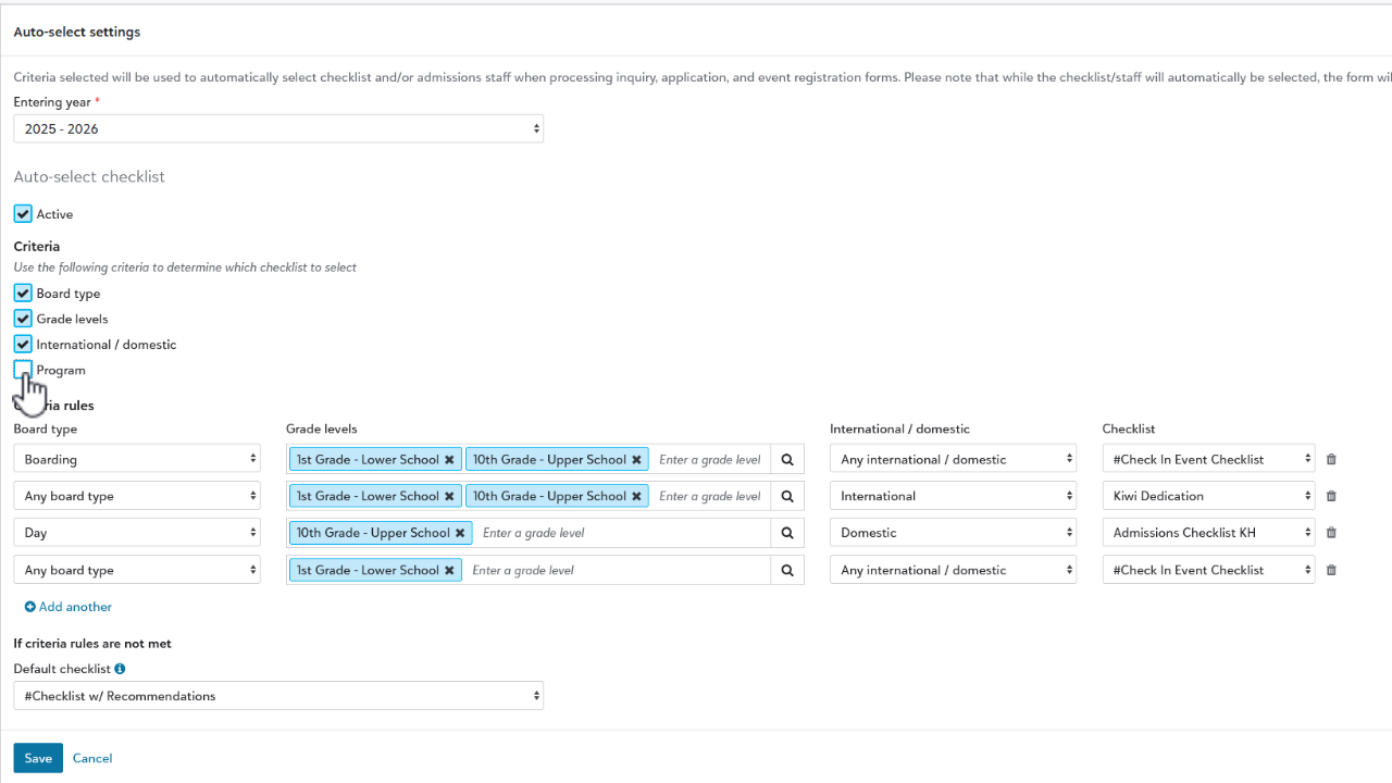 Auto-select settings