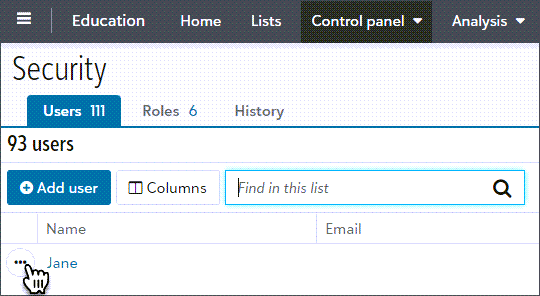 From Control Panel, select Security, select Users, and find a user, select (...) and then select Manage Roles.