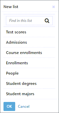 Create a new list. Select a list type. This determines which data is available in the list. 