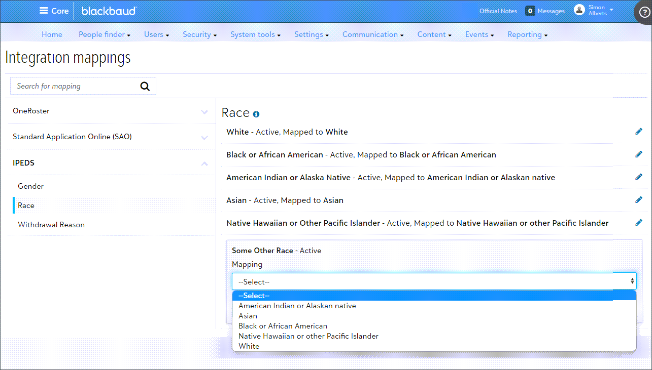 Map data from Core to IPEDS. Go to Core, Settings, Integration settings. 