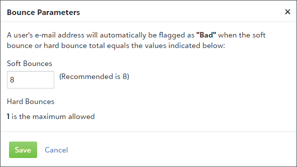 Image shows the user interface for bounces parameters. Enter the maximum number of soft bounces. The maximum number of hard bounces is always 1.