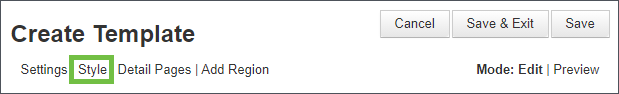 Image shows the top left of the Create Tempates page. A green rectangle draws attention to the Style button under the page heading.