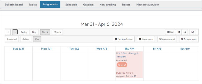 image shows an assignment on a calendar