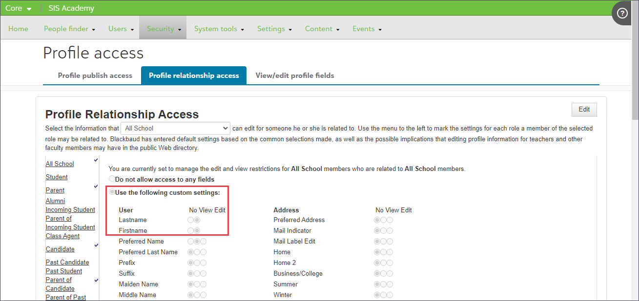Profile relationship access settings for names