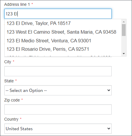 image shows address auto-complete for address line 1