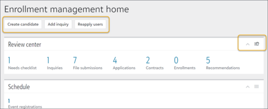 three new buttons on enrollment homepage for create candidate, add inquiry, and reapply users