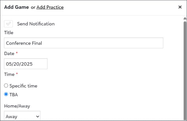 image shows the Add a Game or Add Practice screen