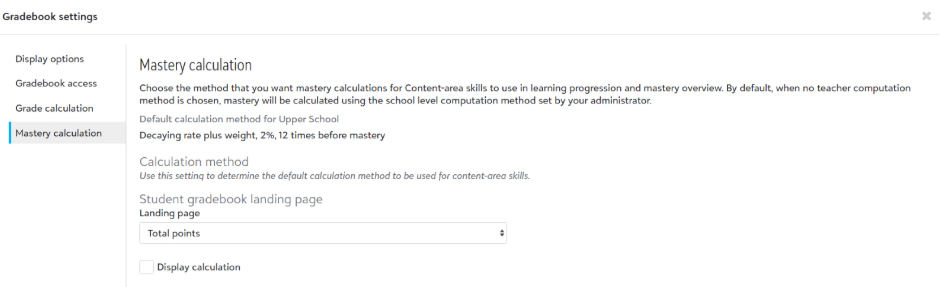 Image shows Gradebook Settings and Mastery Calculation options