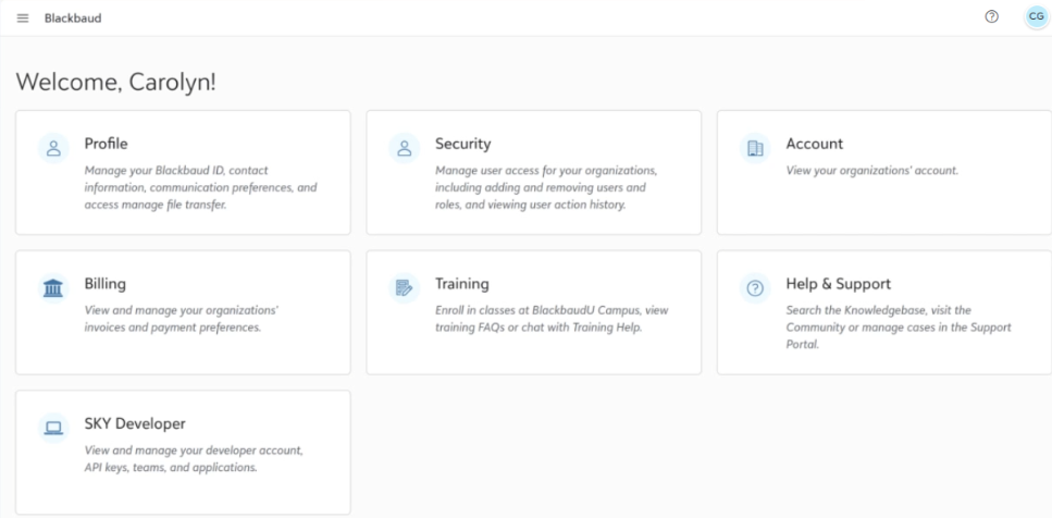 Images shows the Welcome page for a Blackbaud ID account