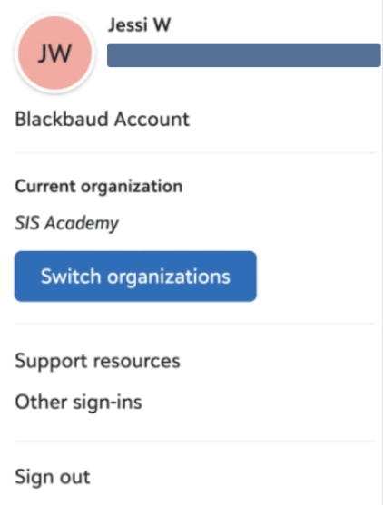 Image shows the user profile menu to switch orgs