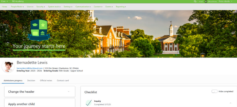 Admissions Progress for a candidate