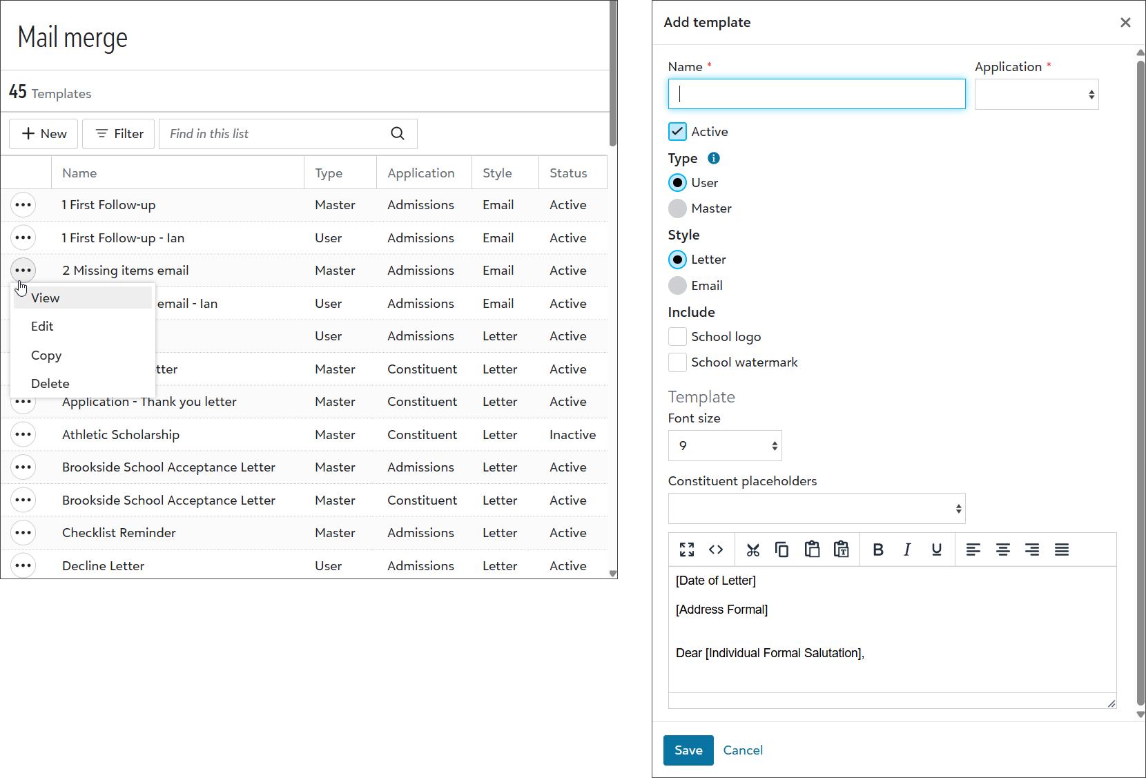 Add new communication template for mail merge