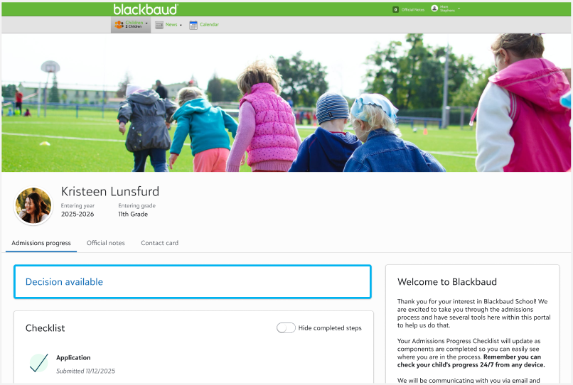 shows "admissions progress" 