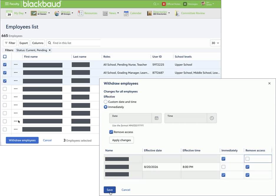 Withdraw employment for multiple employees at once from the Employees list