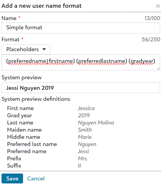 image shows screen for Add a new user name format