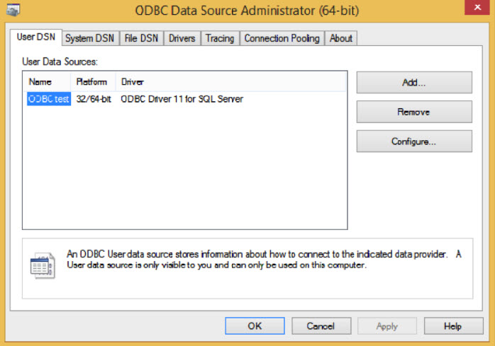 ODBC Data Source Administrator settings