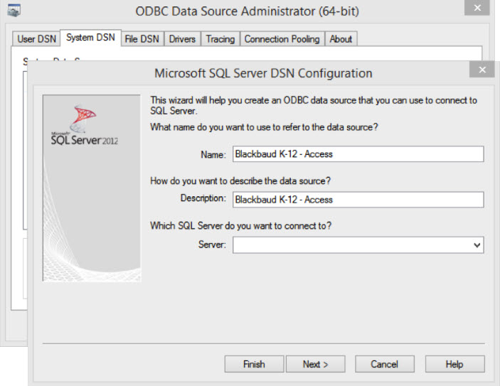 Microsoft SQL Server DSN Configuration with options to set up data source