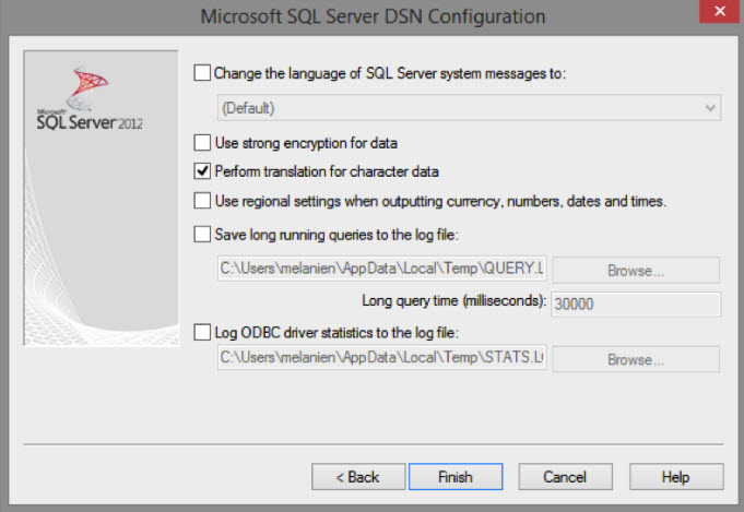 ODBC Microsoft SQL Setup with option to test data source