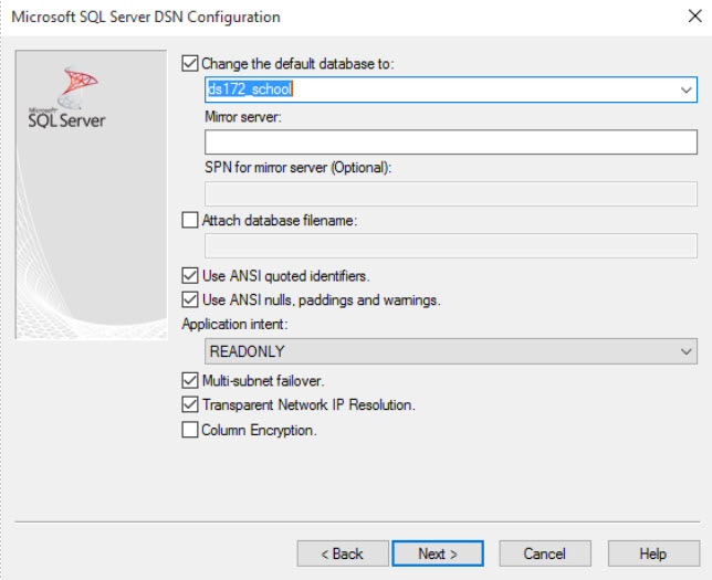 Microsoft SQL Server DSN Configuration with multi-subnet fallover selected