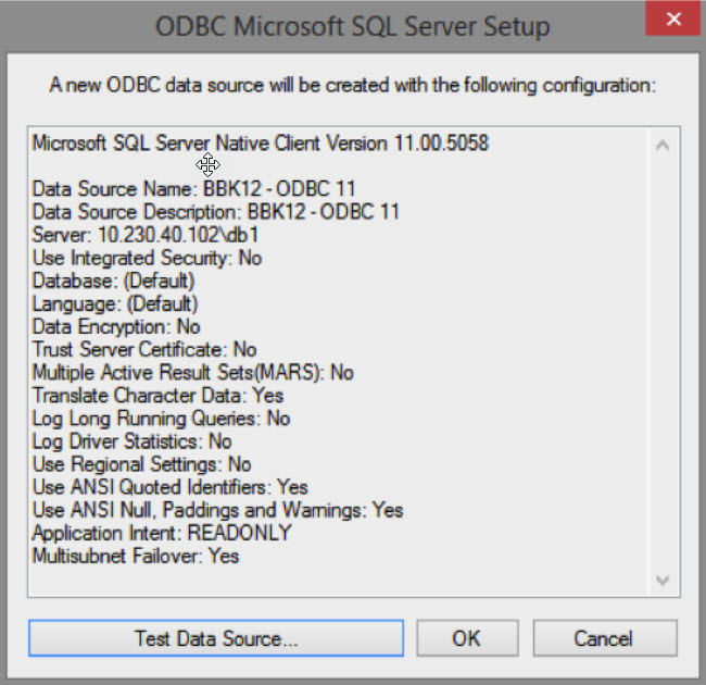 ODBC Microsoft SQL Setup with option to test data source