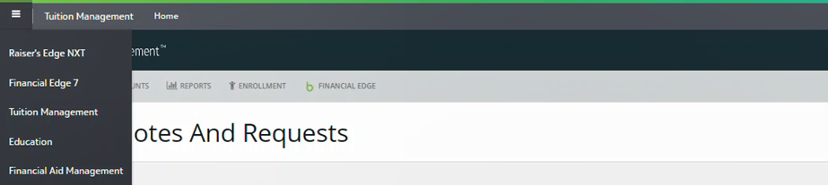 Image shows the grey "omnibar" which is the top navigation menu. The "hamburger" icon is selected which expands the menu to show multiple Blackbaud solutions, including Raiser's Edge NXT, Financial Edge, Tuition Management, Education, and Financial Aid Management.