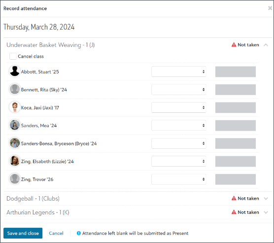 image shows the record attendance screen 