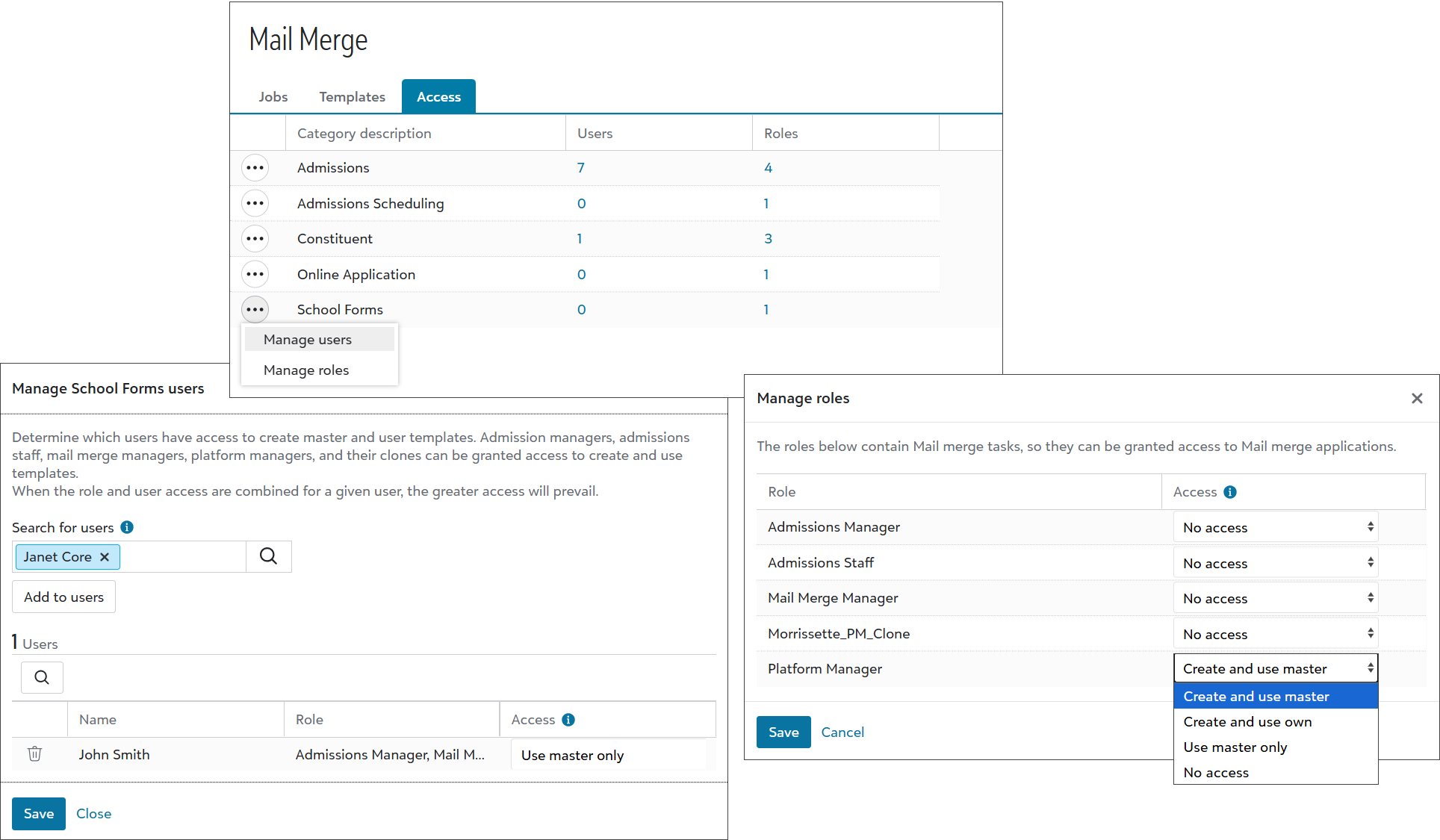 Manage Access for mail merge by role and by user
