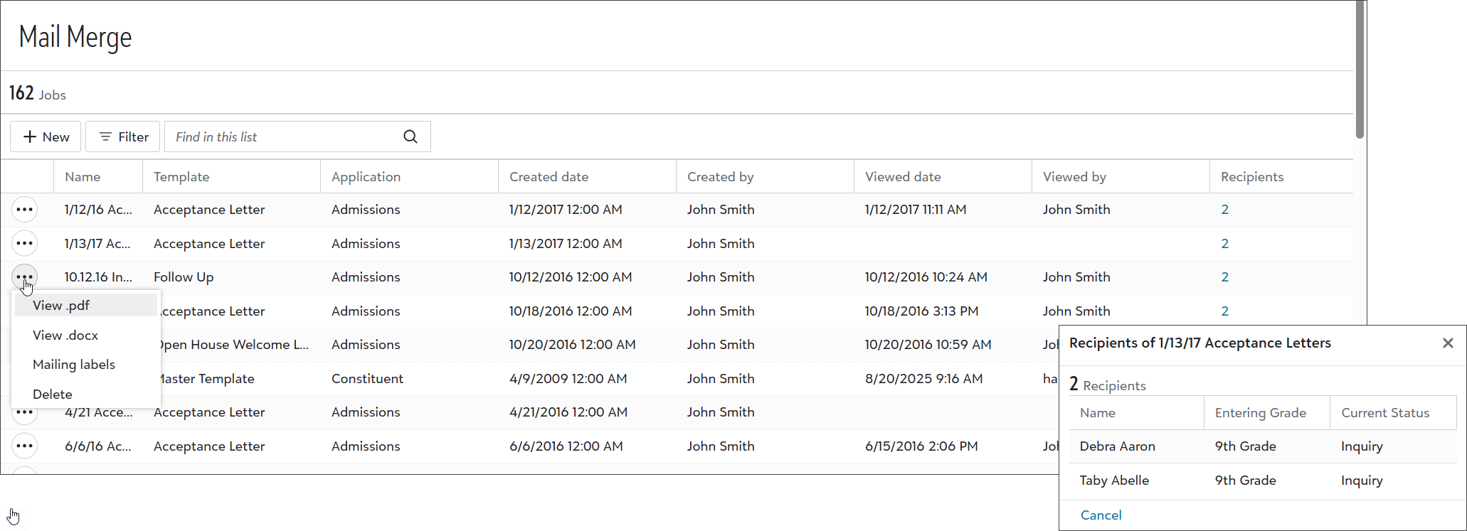 Mail Merge list with recipients and more options